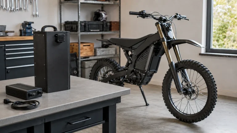 Entnommener Akku-Pack neben einer Sur-Ron in der Garage