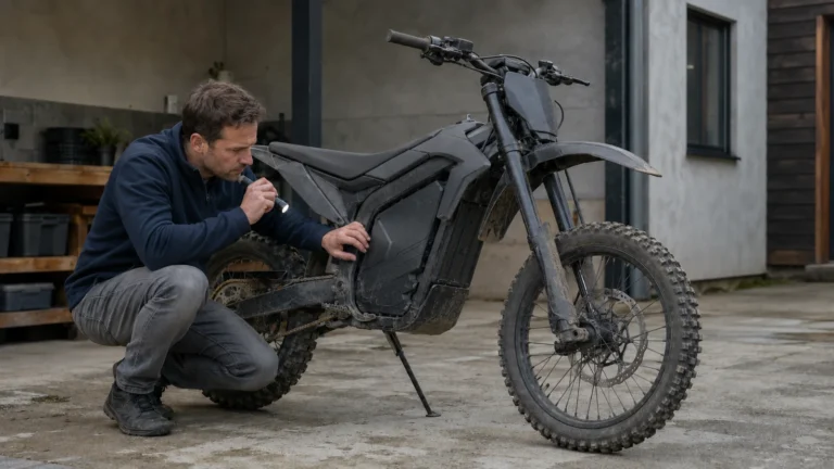 Käufer prüft ein gebrauchtes Elektro-Enduro mit Taschenlampe am Akkukasten