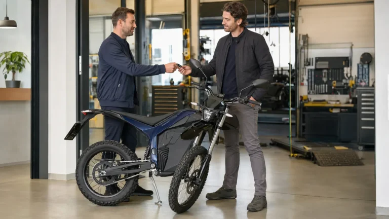 Händler übergibt einem Kunden den Schlüssel neben einem Elektro-Enduro im Ausstellungsraum