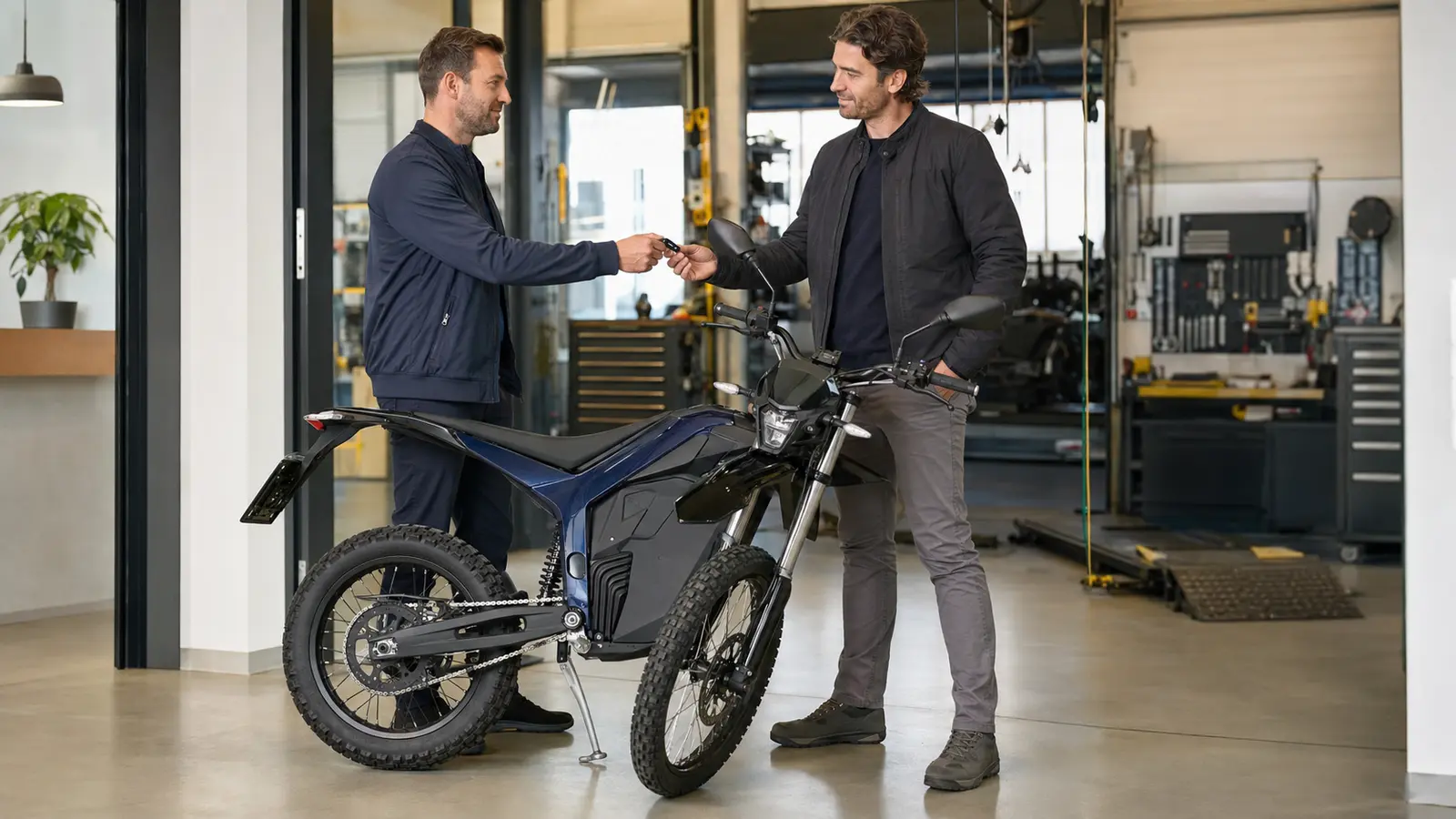 Händler übergibt einem Kunden den Schlüssel neben einem Elektro-Enduro im Ausstellungsraum