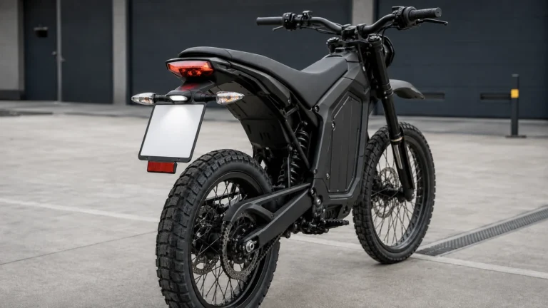 Elektro-Enduro von hinten mit Kennzeichenhalter, Blinkern und rotem Rückstrahler
