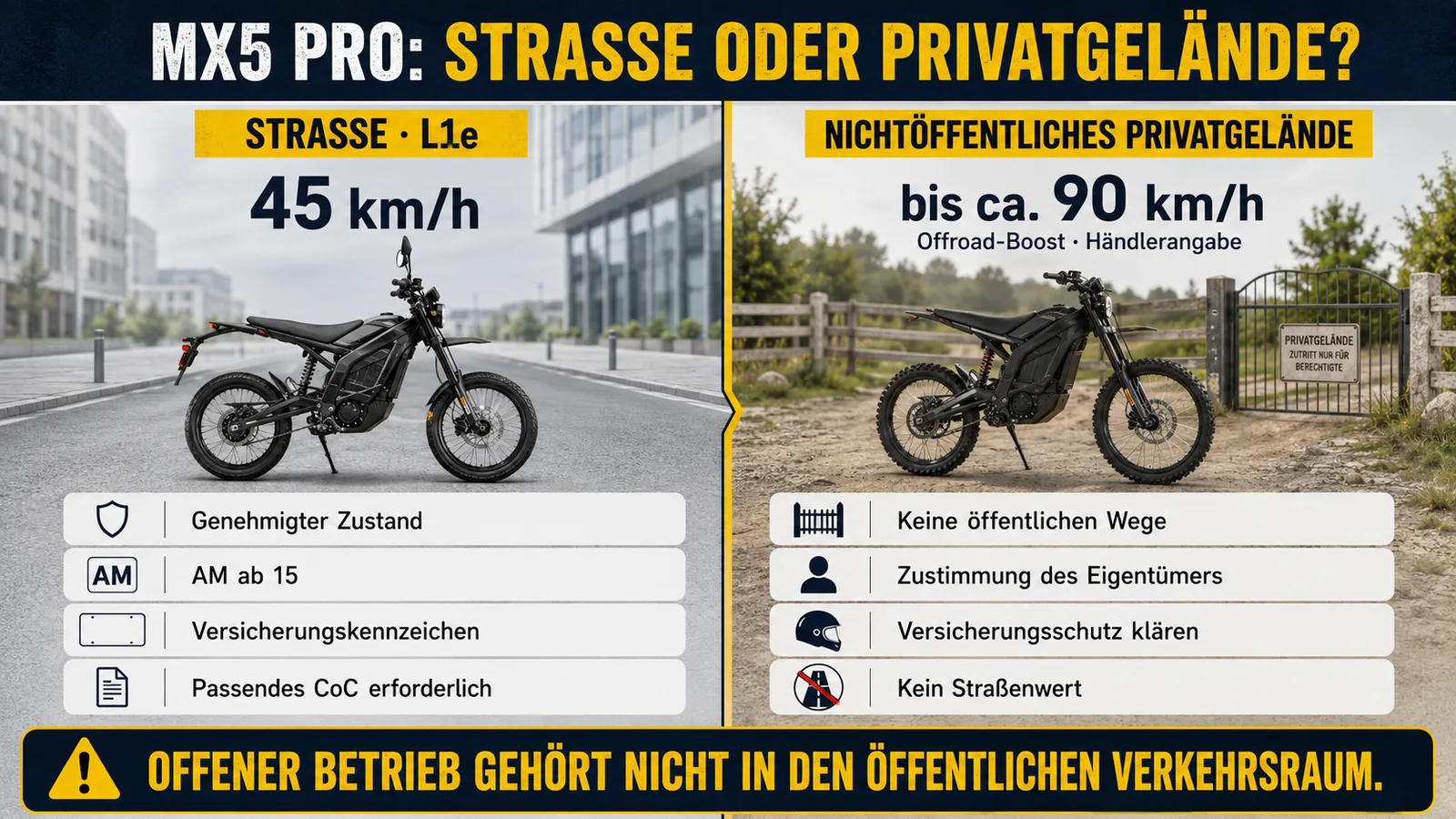 MX5 Pro auf der Straße als L1e mit 45 km/h oder auf Privatgelände mit Offroad-Boost