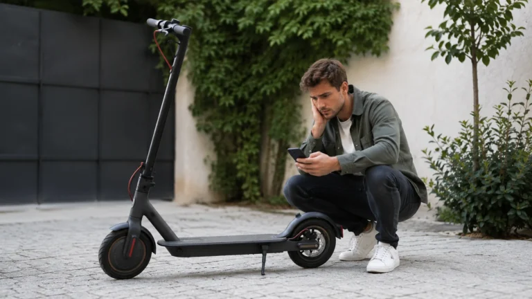 E-Scooter mit geschlossenem Technikmodul und Smartphone daneben auf hellem Hof, sachlich erklärt