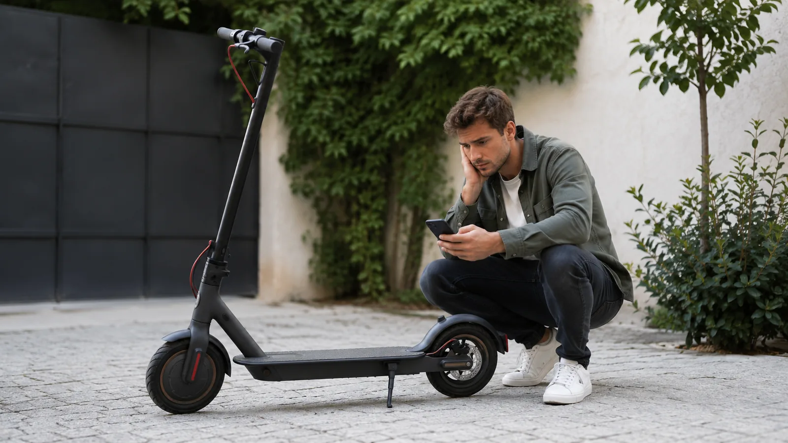 E-Scooter mit geschlossenem Technikmodul und Smartphone daneben auf hellem Hof, sachlich erklärt