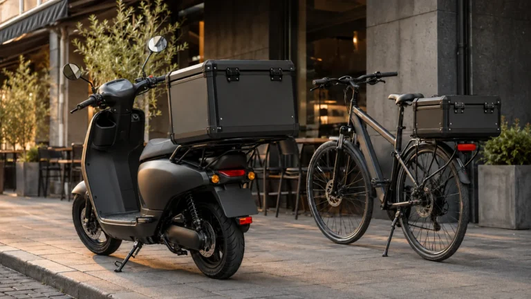 Lieferroller und Fahrrad mit Thermobox vor einem Restaurant