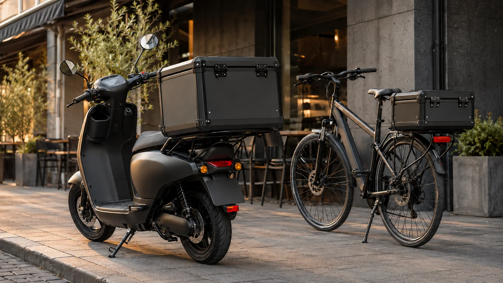 Lieferroller und Fahrrad mit Thermobox vor einem Restaurant