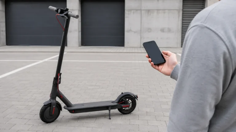 E-Scooter auf Parkfläche, Person hält Smartphone mit leerem Display nach Tuning-Aktivierung