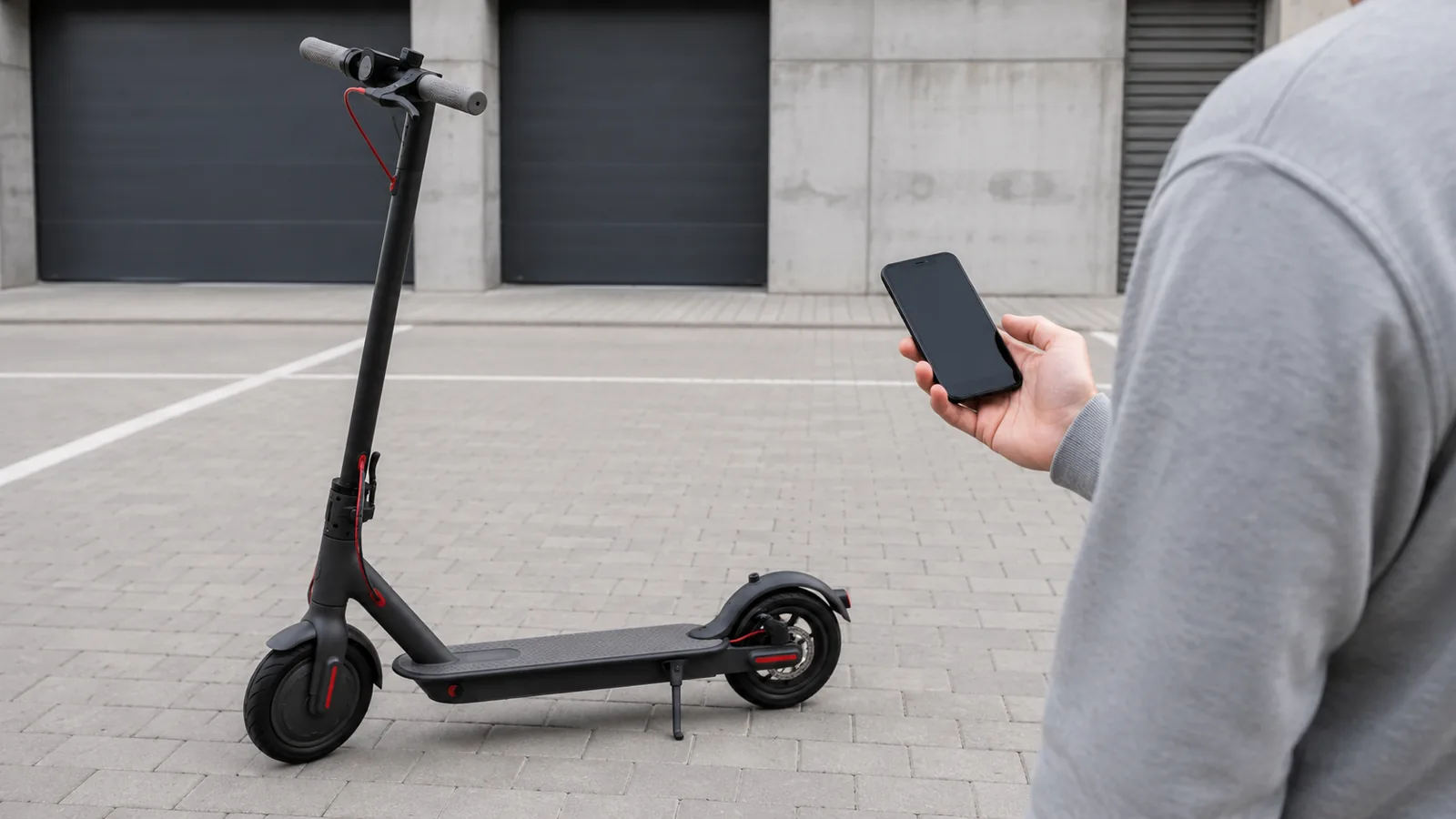 E-Scooter auf Parkfläche, Person hält Smartphone mit leerem Display nach Tuning-Aktivierung