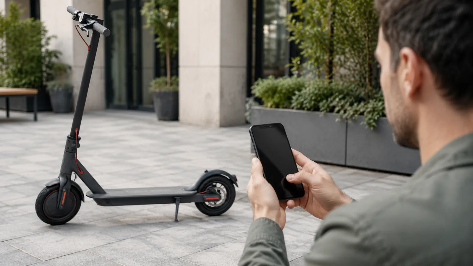 Person vergleicht am Smartphone neben abgestelltem E-Scooter im Innenhof