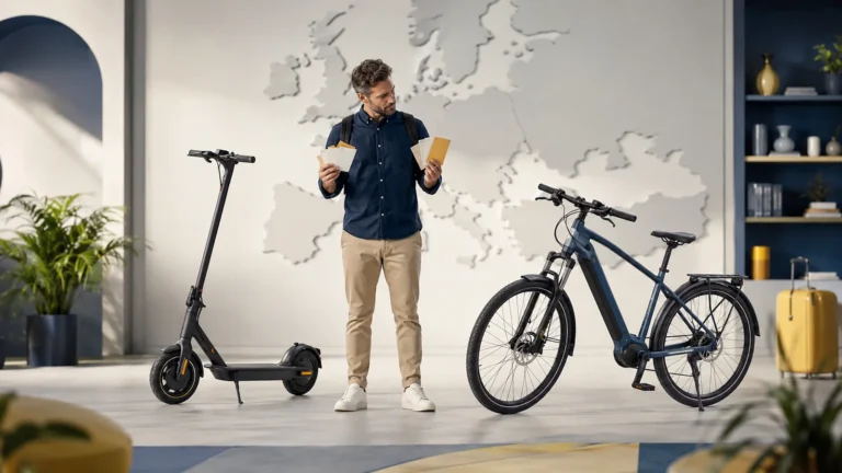 Mann vor einer Europakarte mit E-Scooter und E-Bike