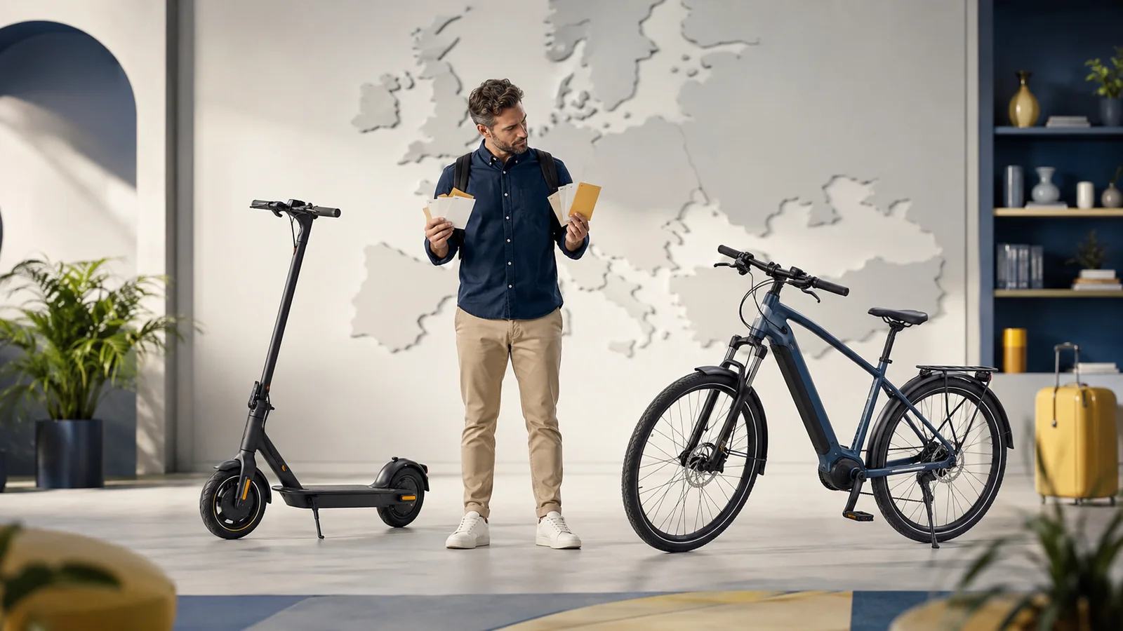 Mann vor einer Europakarte mit E-Scooter und E-Bike