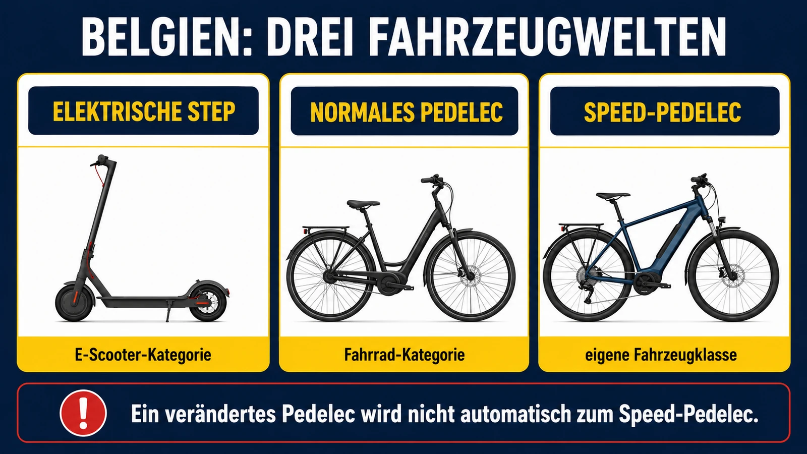 Infografik: drei Fahrzeugwelten in Belgien – E-Scooter, E-Bike und Speed-Pedelec