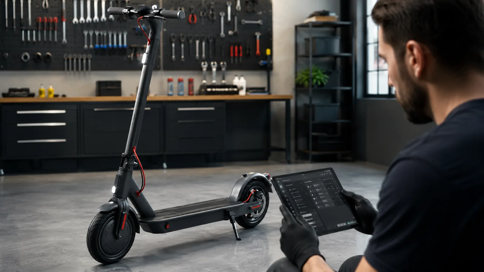E-Scooter in moderner Werkstatt mit Tablet-Diagnose