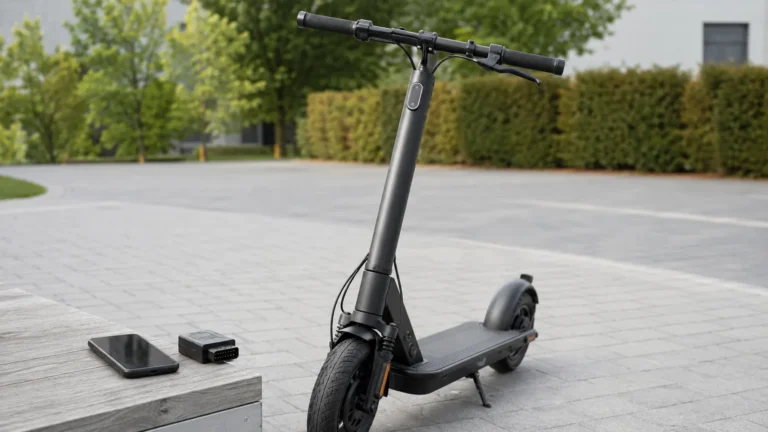 E-Scooter mit Smartphone und Chip-Modul als Beispiel für Tuning per Code oder Chip