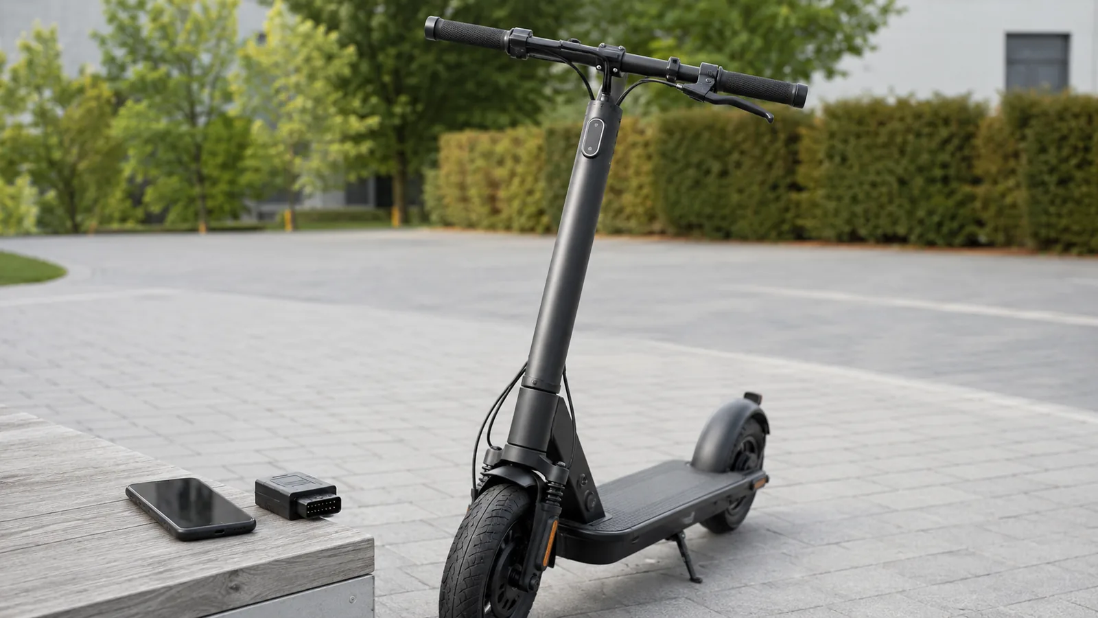 E-Scooter mit Smartphone und Chip-Modul als Beispiel für Tuning per Code oder Chip