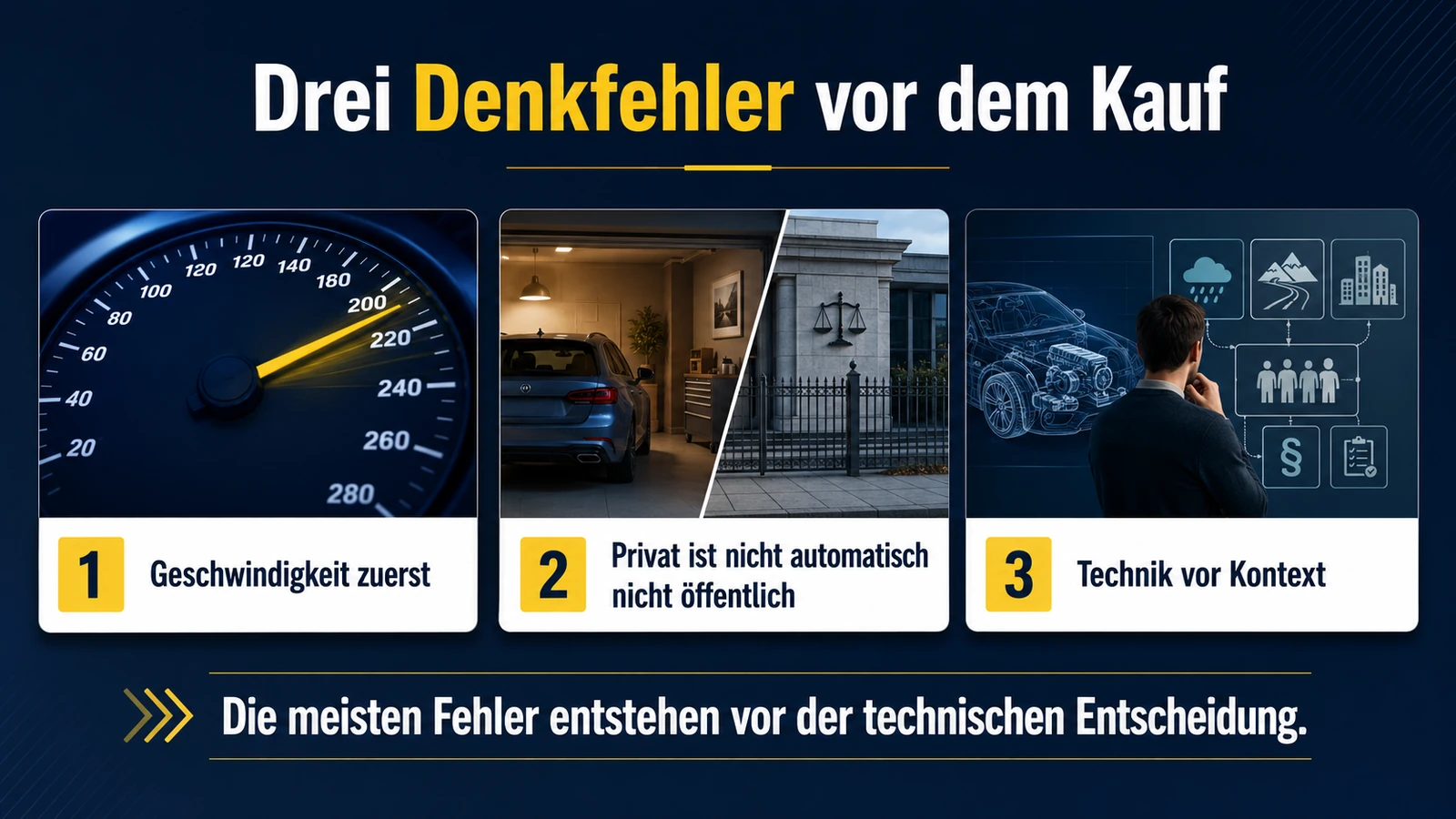 Infografik: drei Denkfehler vor dem Kauf – Geschwindigkeit zuerst, Privat ist nicht automatisch nicht öffentlich, Technik vor Kontext