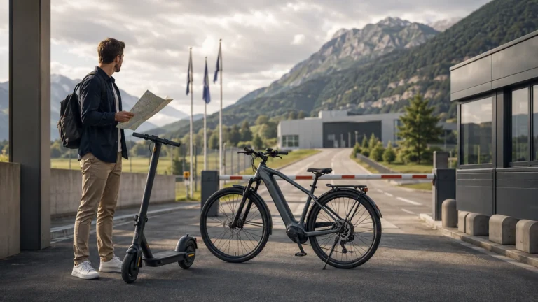 Mann mit Karte an einem Grenzübergang neben E-Scooter und E-Bike