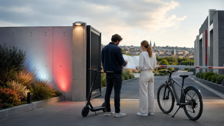E-Scooter und E-Bike an einem Tor mit Pariser Skyline