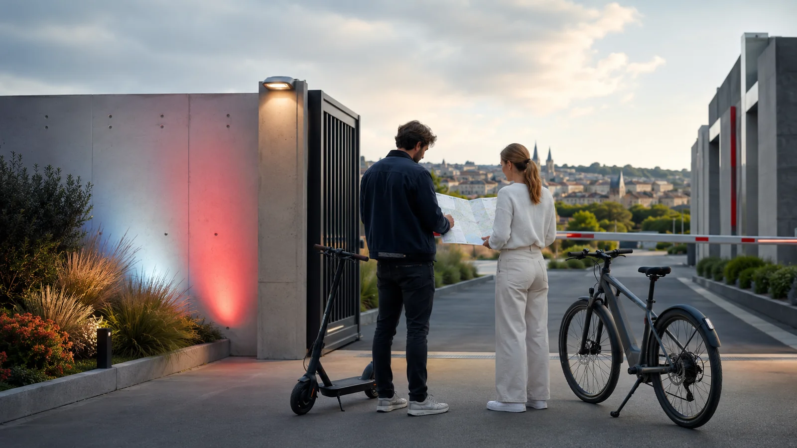 E-Scooter und E-Bike an einem Tor mit Pariser Skyline