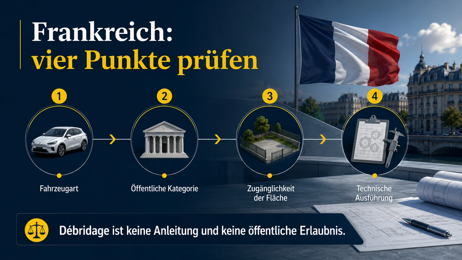 Infografik: Frankreich vier Punkte prüfen – Fahrzeugart, öffentliche Kategorie, Zugänglichkeit der Fläche, technische Ausführung
