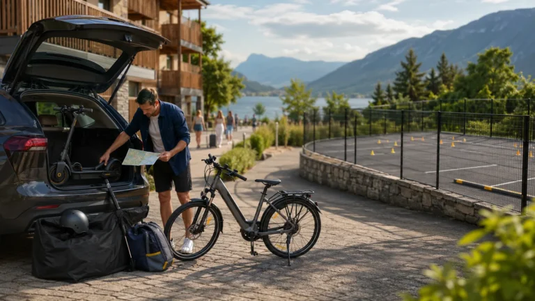 Mann verlädt ein E-Bike ins Auto an einem See im Urlaub