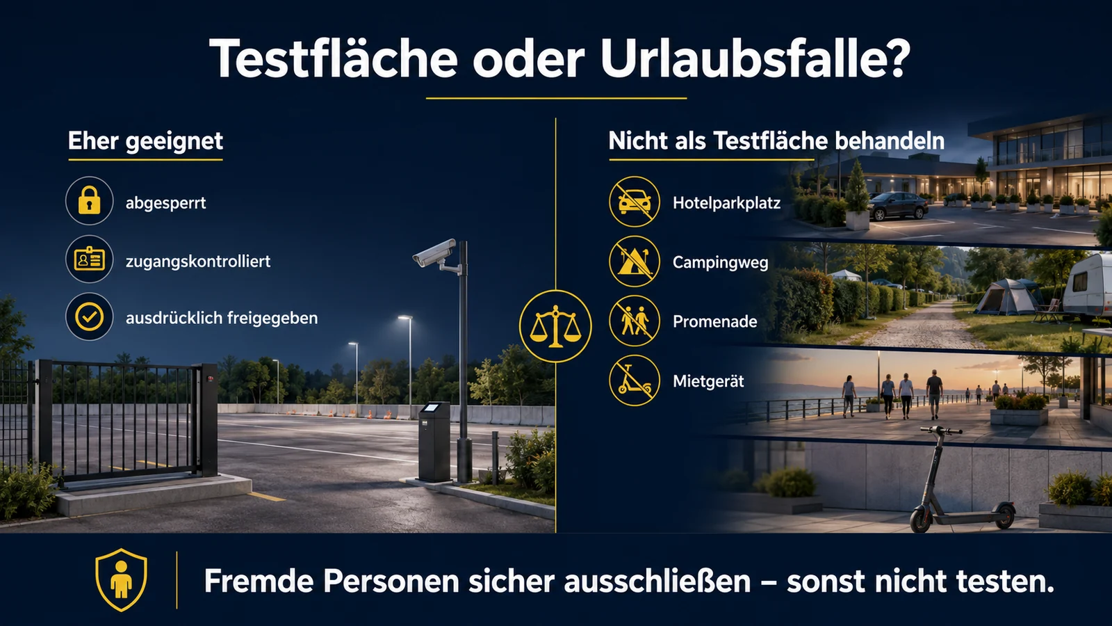 Infografik: Testfläche oder Urlaubsfalle – abgesperrt und freigegeben gegen Hotelparkplatz, Campingweg, Promenade, Mietgerät