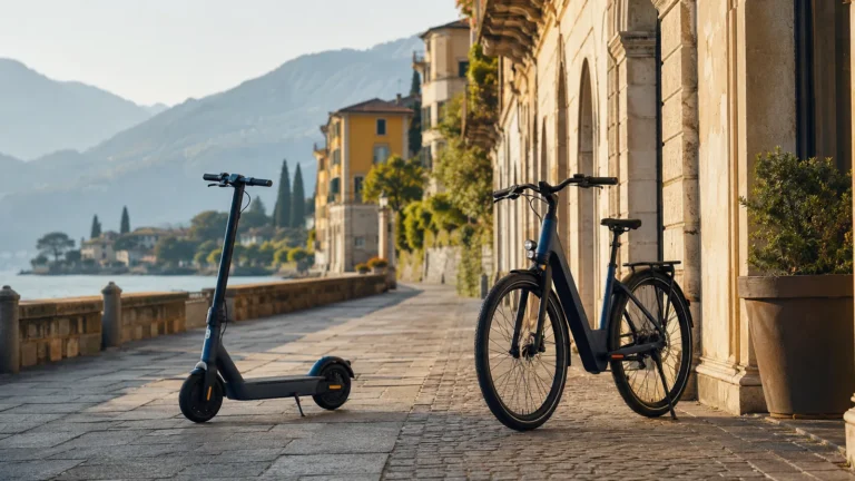 E-Scooter und E-Bike auf einer Uferpromenade in Italien