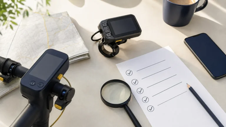 E-Scooter-Cockpit mit Checkliste und Lupe auf einem Schreibtisch