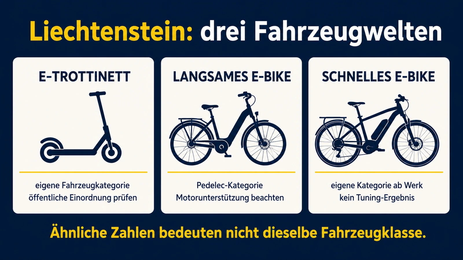 Infografik: drei Fahrzeugwelten in Liechtenstein – E-Scooter, langsames und schnelles E-Bike