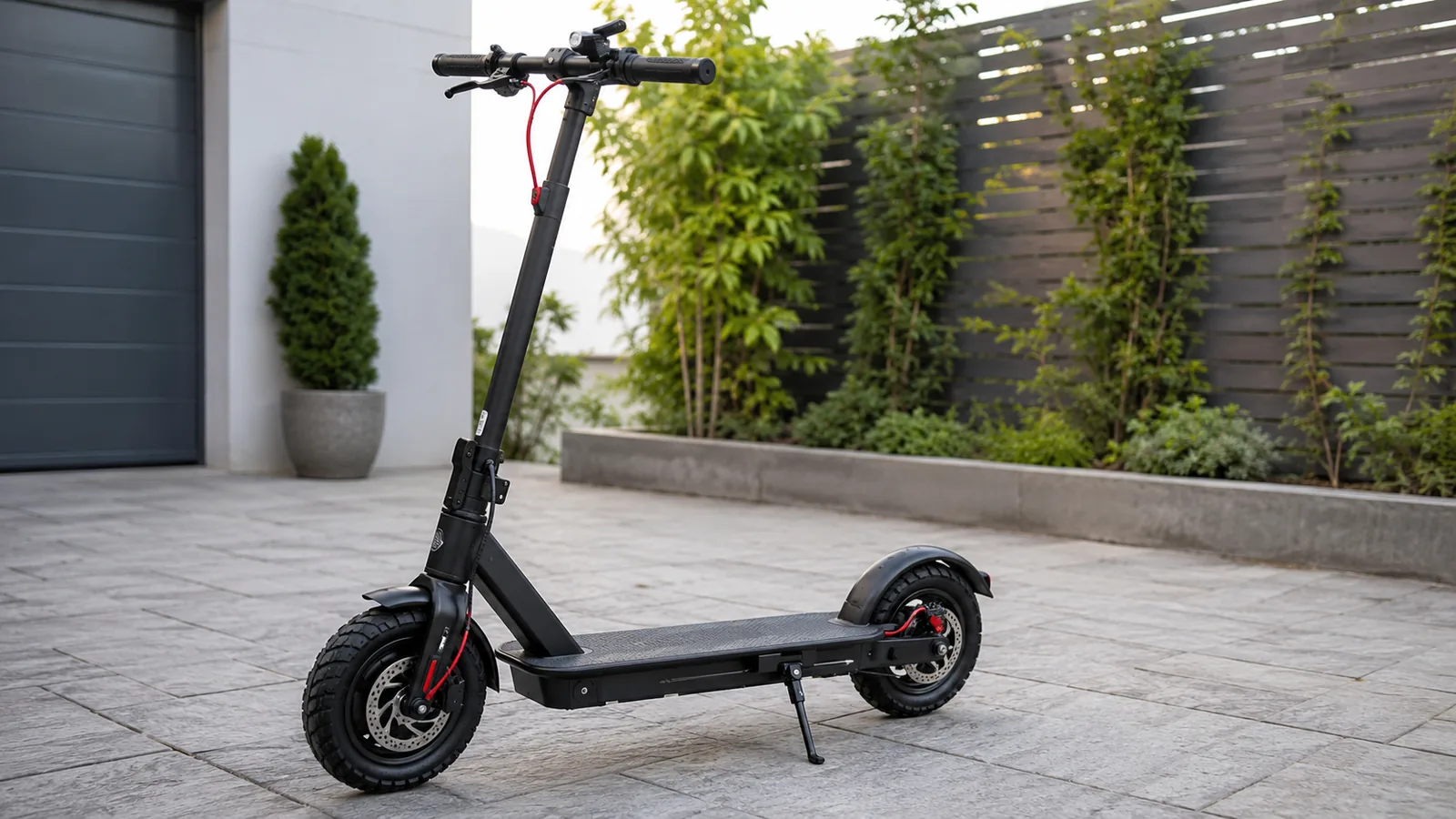 Schwarzer E-Scooter mit groben Offroad-Reifen und Scheibenbremsen im Seitenprofil auf sauberem Hof, Fokus auf Reifen und Setup für mehr Leistung