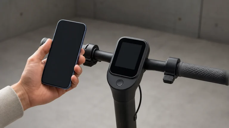 E-Scooter mit Smartphone und Display in neutraler Neustart-Situation
