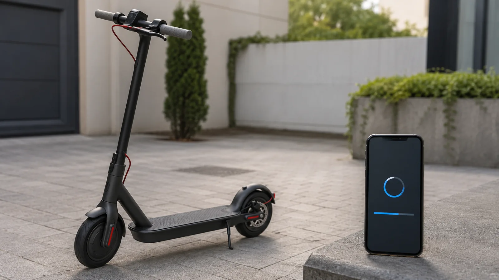 E-Scooter auf Hof neben Smartphone mit Ladeanzeige nach Software-Update, ohne lesbare App-Texte