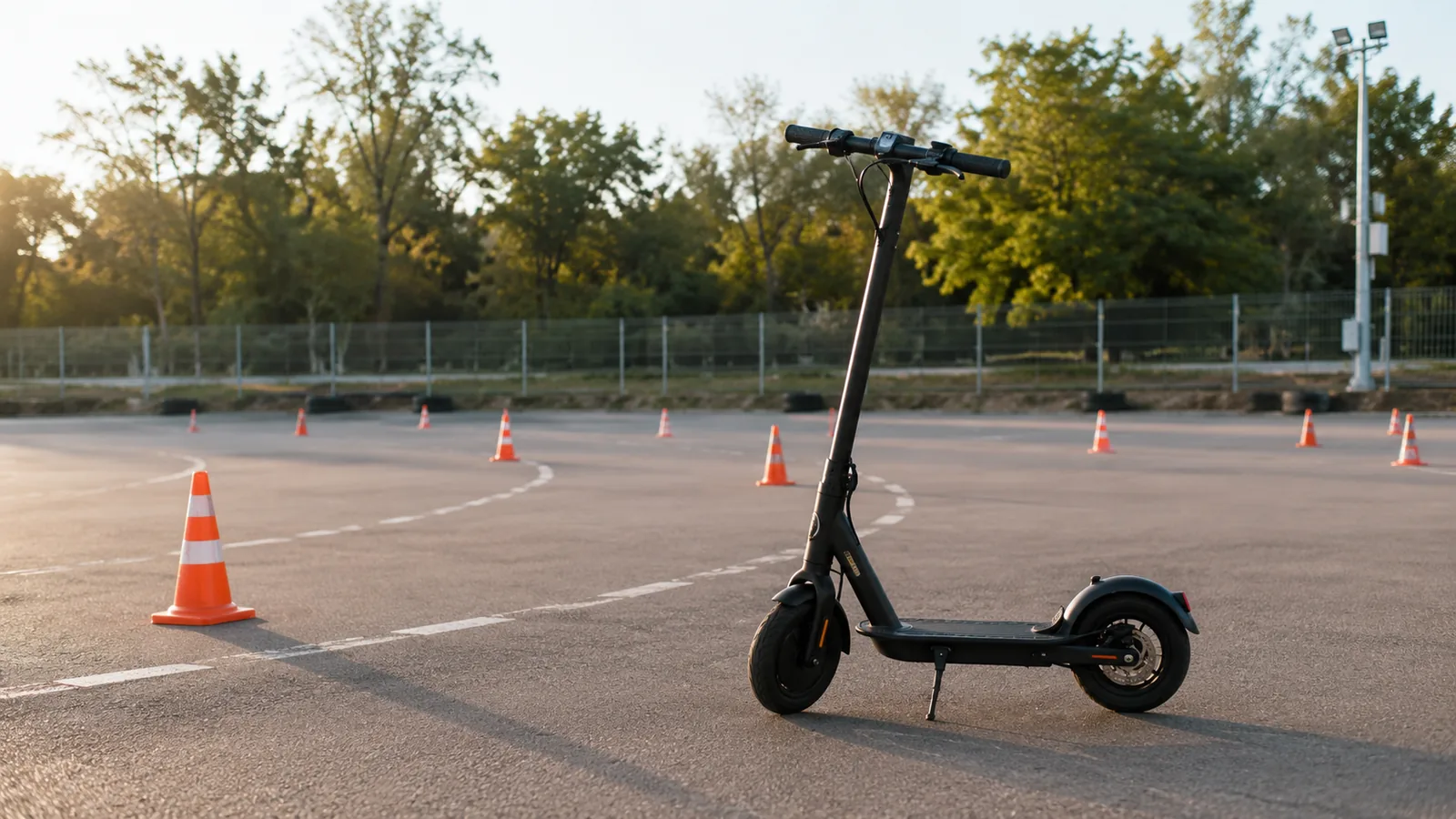 E-Scooter auf abgegrenzter Testfläche mit Pylonen, sachliche Sicherheitsanmutung, keine Speed-Szene