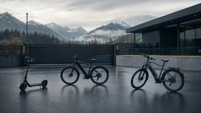 E-Scooter und E-Bikes vor Schweizer Bergkulisse