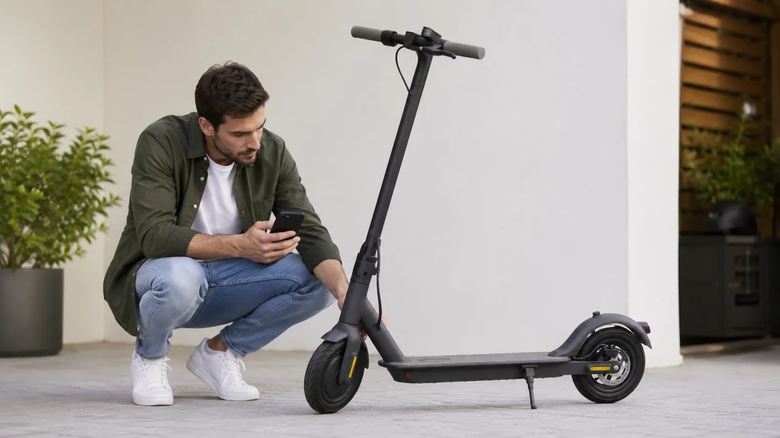 Mann kniet mit Smartphone neben einem abgestellten schwarzen E-Scooter im Freien