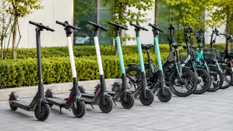 Mehrere E-Scooter und E-Bikes ordentlich in einer Reihe vor einer Hecke aufgestellt