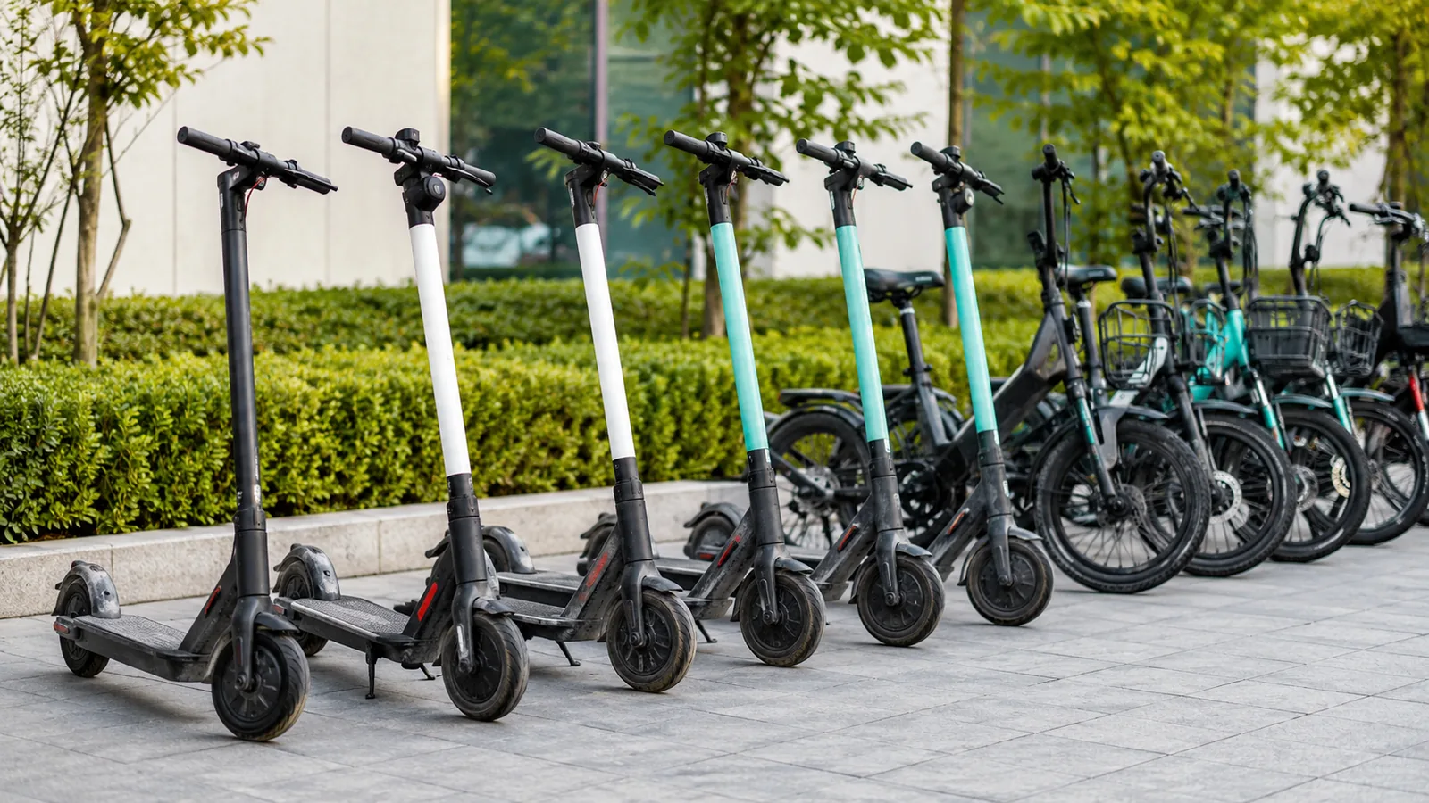 Mehrere E-Scooter und E-Bikes ordentlich in einer Reihe vor einer Hecke aufgestellt
