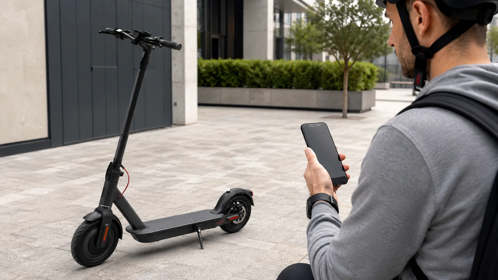 Person mit Helm prüft Smartphone neben geparktem E-Scooter auf ruhigem Hof, Update- und Leistungsprüfung