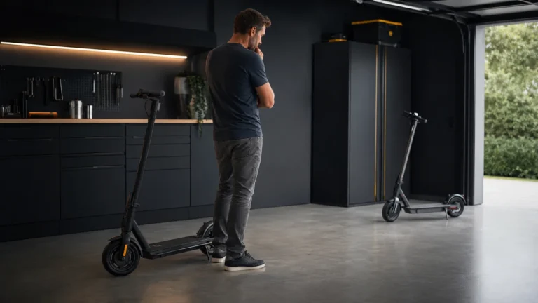 Mann überlegt zwischen zwei E-Scootern in der Garage
