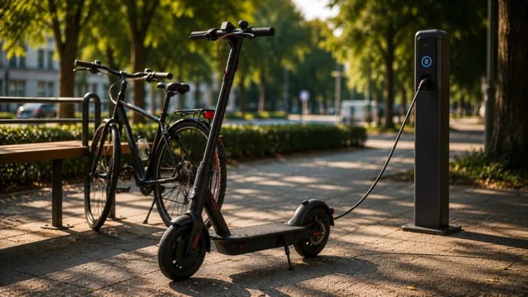 E-Scooter lädt an einer Ladesäule im Park neben einem abgestellten Fahrrad