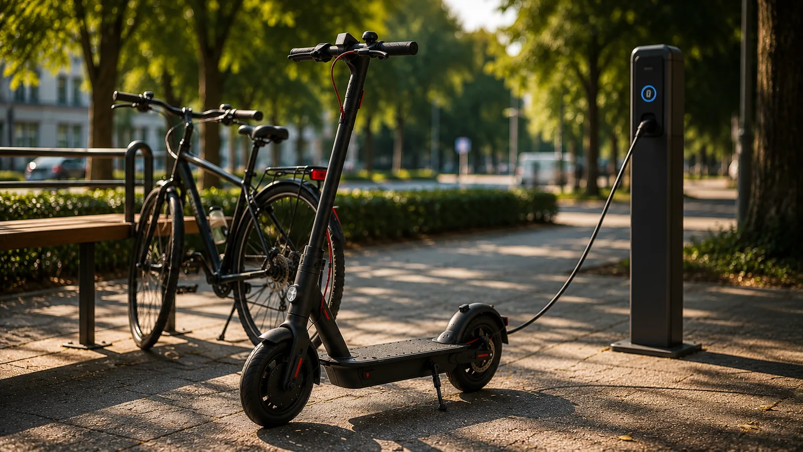 E-Scooter lädt an einer Ladesäule im Park neben einem abgestellten Fahrrad