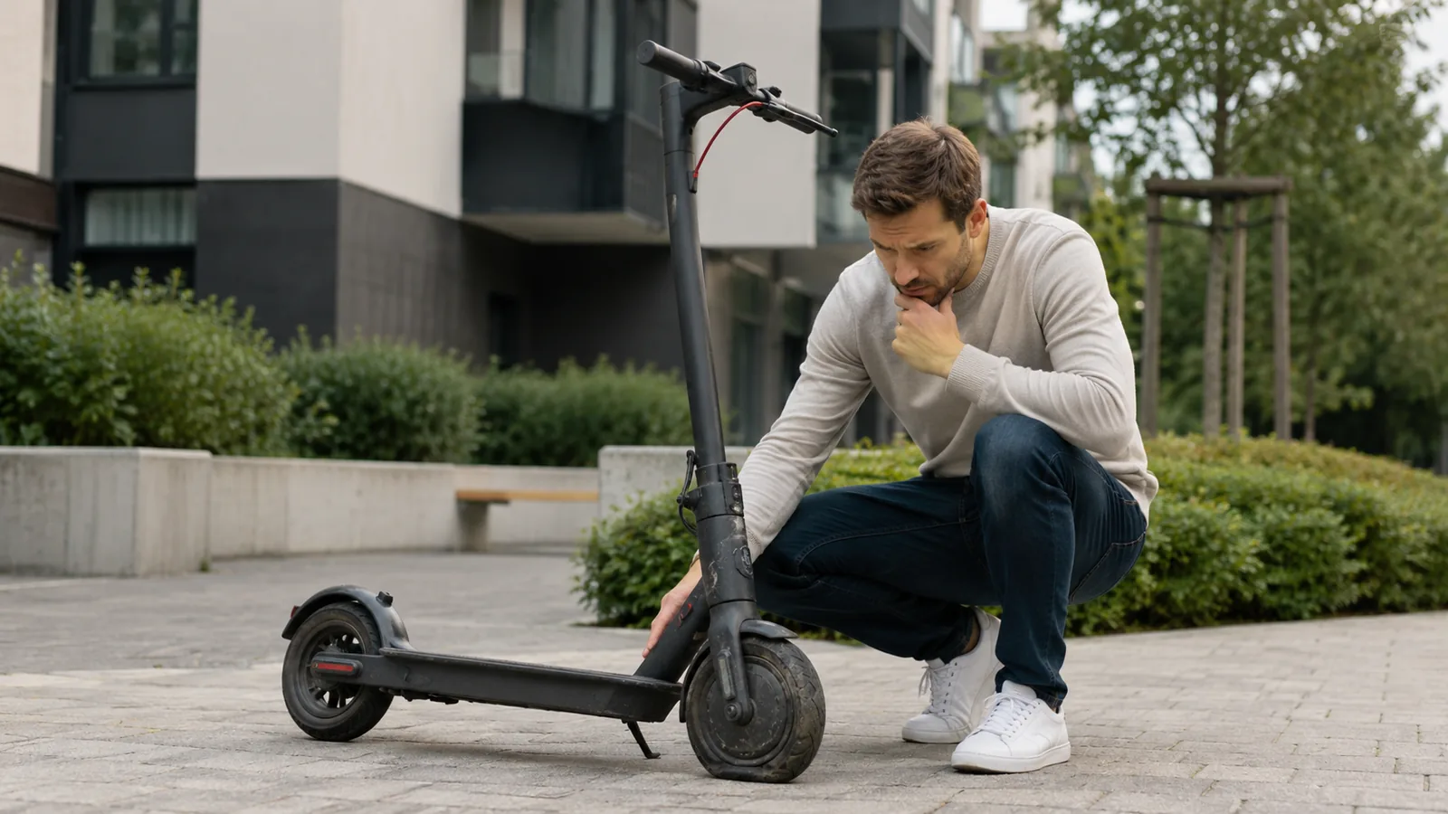 Mann prüft kniend beschädigten E-Scooter auf der Straße