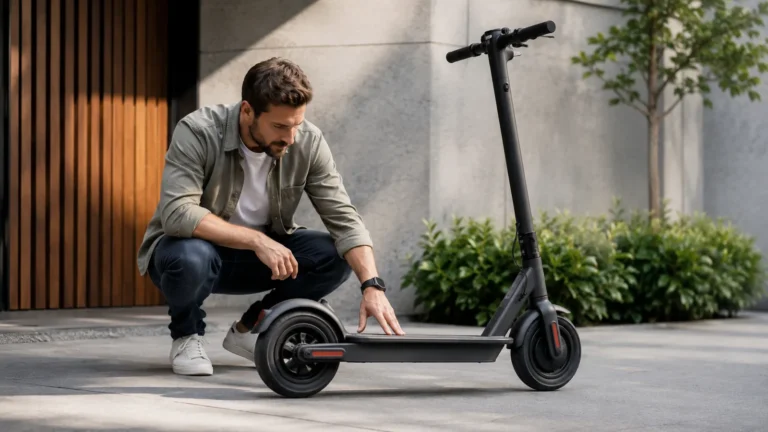 Mann kniet und prüft das Trittbrett eines schwarzen E-Scooters auf versteckte Schäden