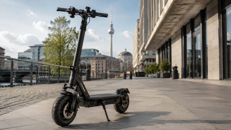 Schwarzer VMAX E-Scooter mit Federung und Blinkern auf einem Platz in Berlin, Fernsehturm im Hintergrund