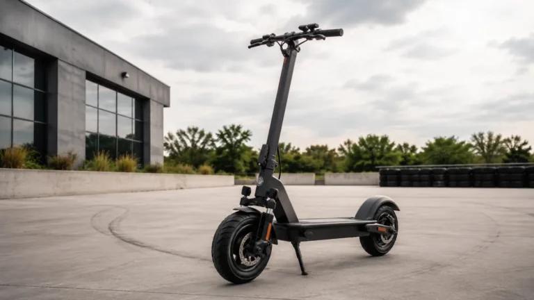 E-Scooter auf weiter privater Testfläche vor Industriehalle, sachlicher Leistungsbezug ohne Rennszene
