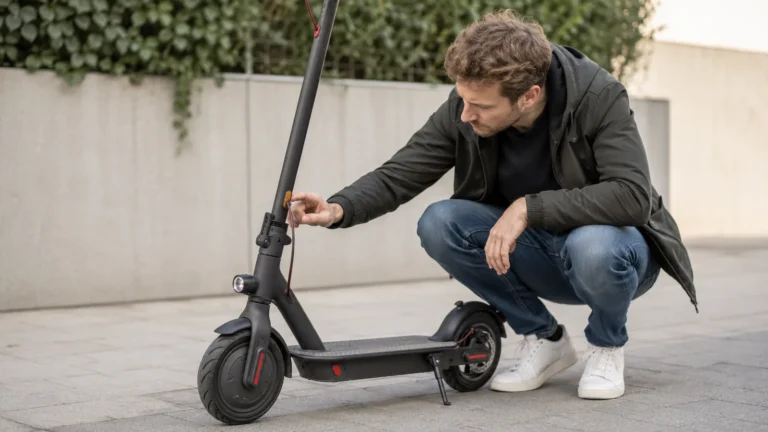 Mann kniet neben schwarzem E-Scooter und prüft die Lenkstange auf kleine Warnzeichen