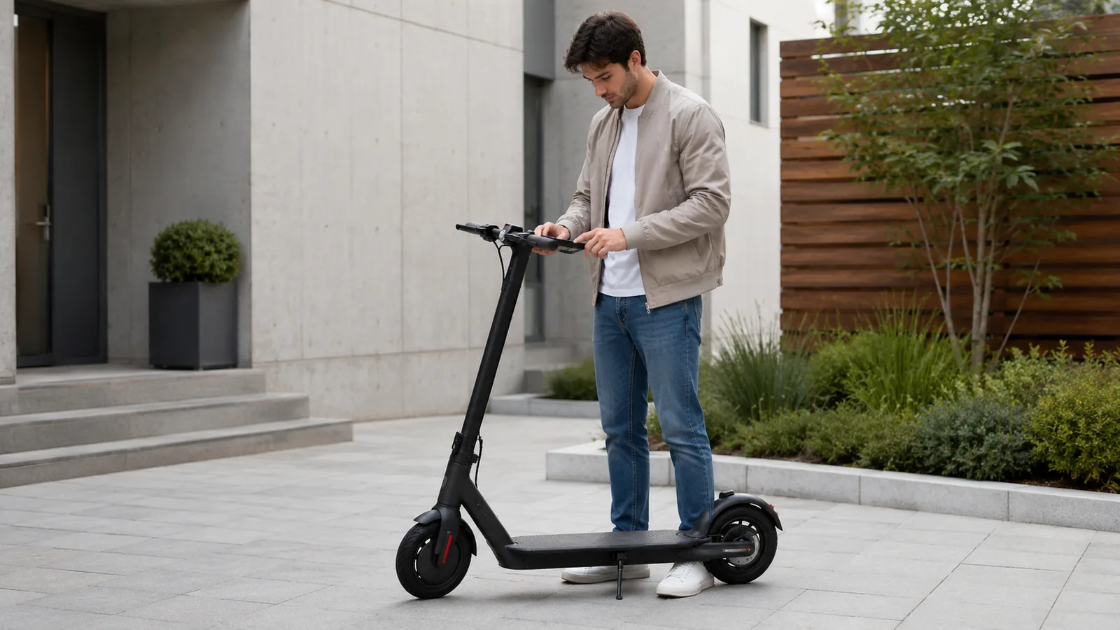 Fahrer prüft nachdenklich Display und Lenker eines gesperrten E-Scooters auf ruhigem Hof