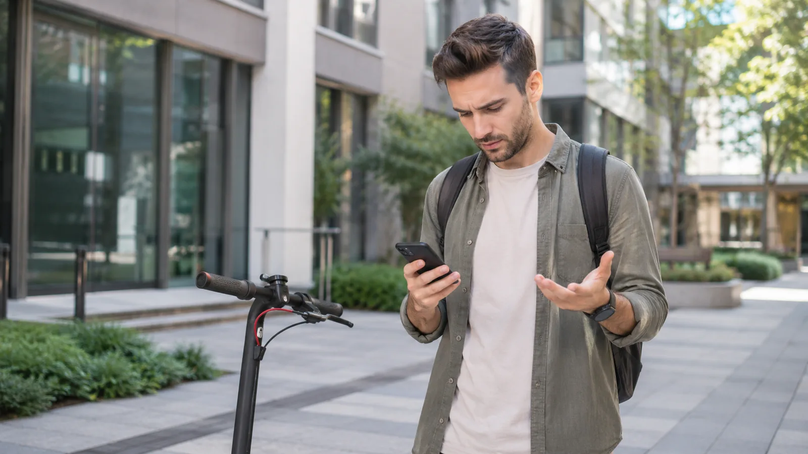 Ratloser Mann blickt auf Smartphone neben E-Scooter-Lenker, WebApp-Verbindung abgebrochen
