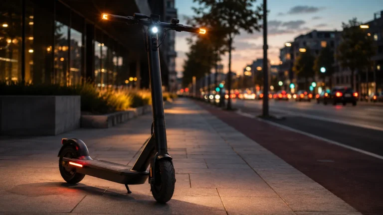 E-Scooter mit Beleuchtung an einer abendlichen Stadtstraße
