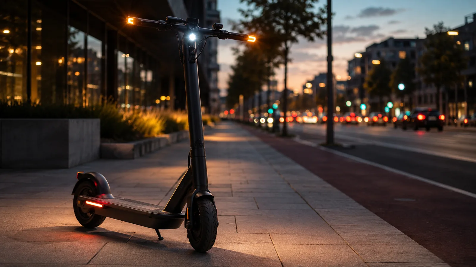 E-Scooter mit Beleuchtung an einer abendlichen Stadtstraße